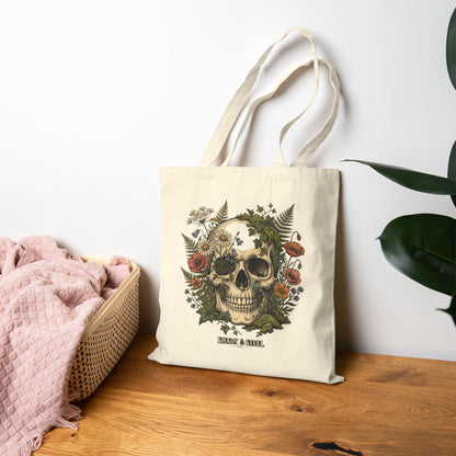 Feral Floral Skull Tote Bag — "Feral but Free" Botanical Skull Canvas Tote